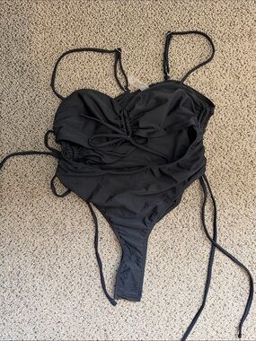 Black Ruched Tie-Front One-Piece Swimsuit
